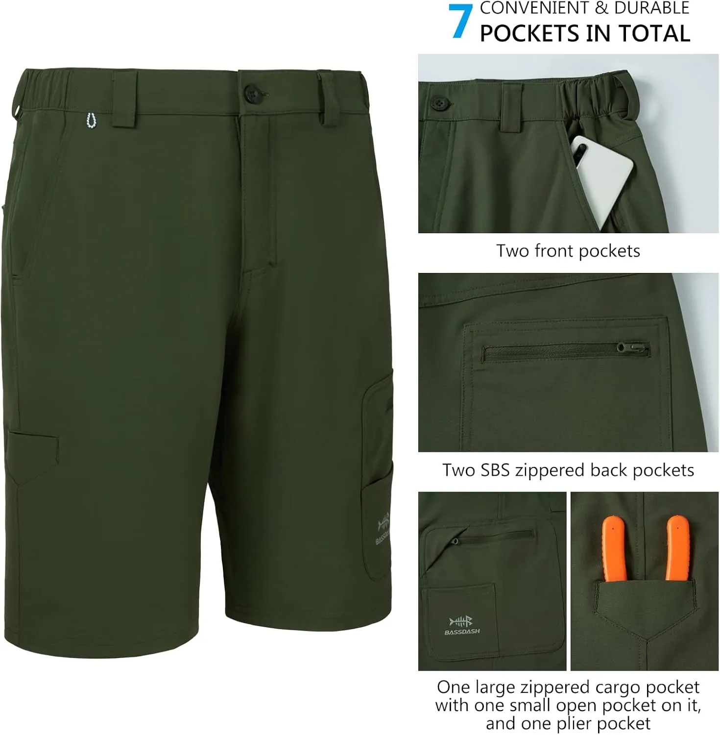 BASSDASH 10.5?? Mens Fishing Cargo Shorts Quick Dry UPF 50  Water Resistant FP01M