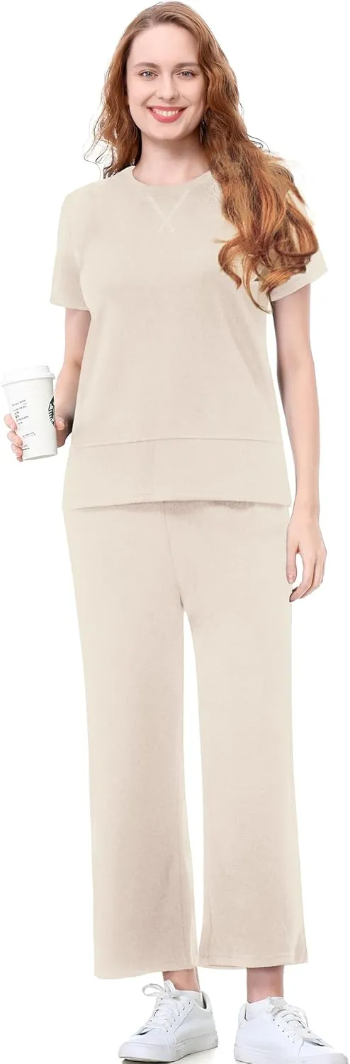 EYZH Womens 2 Piece Lounge Set - Summer Comfy Travel Outfits, Short Sleeve Wide Leg Vacation Sets Loungewear
