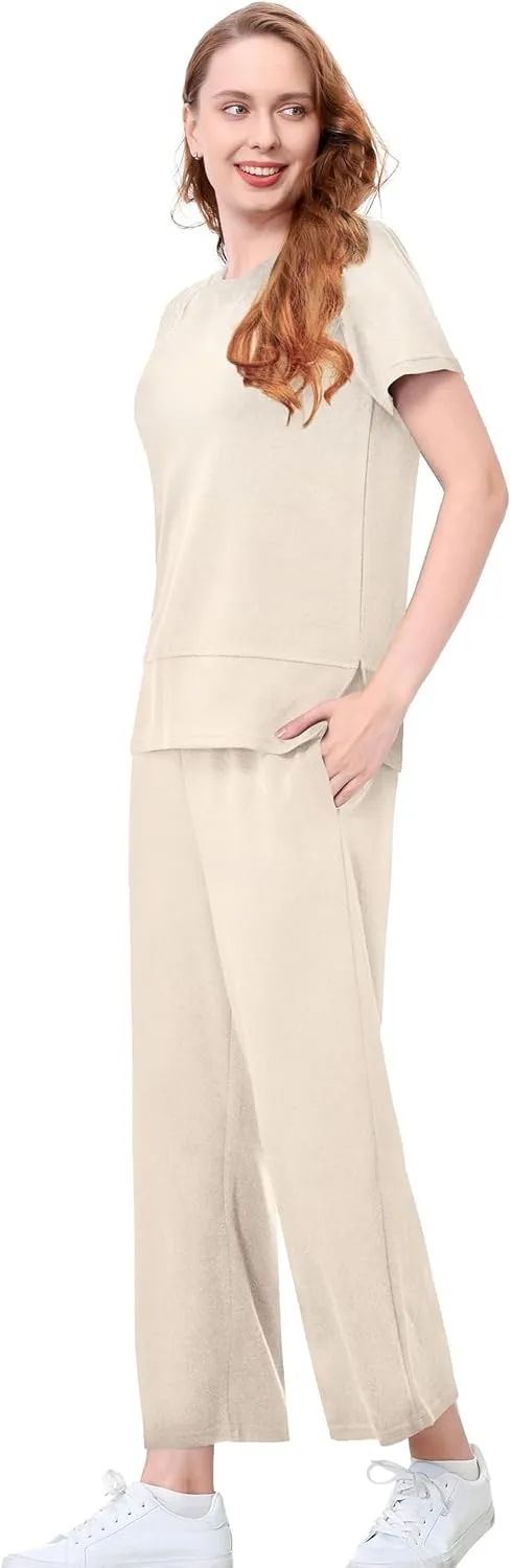 EYZH Womens 2 Piece Lounge Set - Summer Comfy Travel Outfits, Short Sleeve Wide Leg Vacation Sets Loungewear