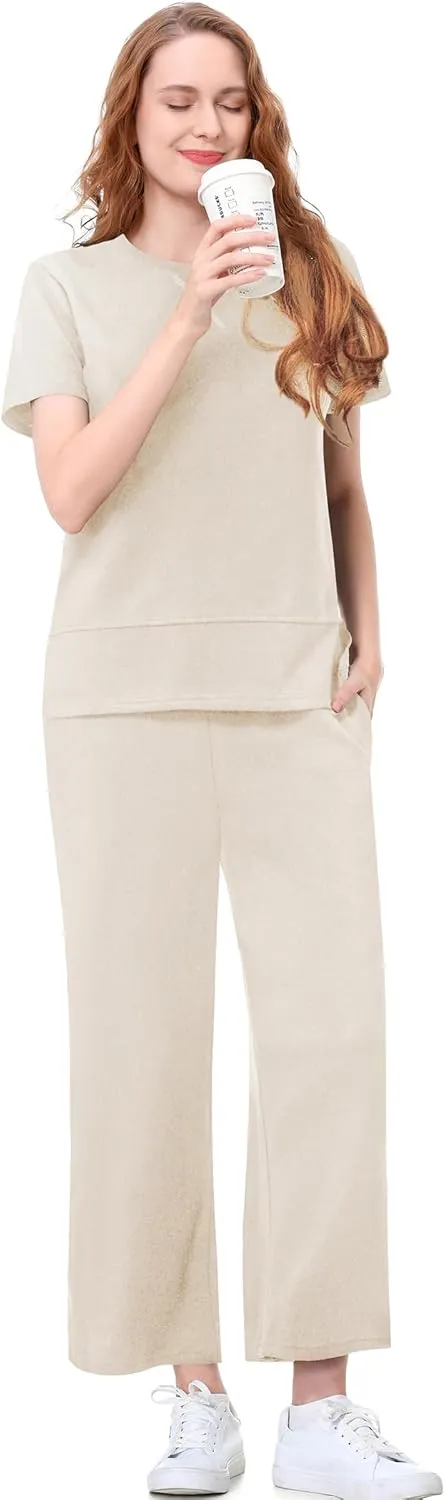 EYZH Womens 2 Piece Lounge Set - Summer Comfy Travel Outfits, Short Sleeve Wide Leg Vacation Sets Loungewear