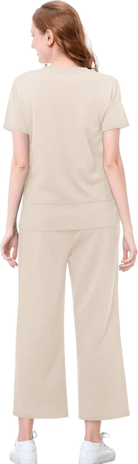EYZH Womens 2 Piece Lounge Set - Summer Comfy Travel Outfits, Short Sleeve Wide Leg Vacation Sets Loungewear