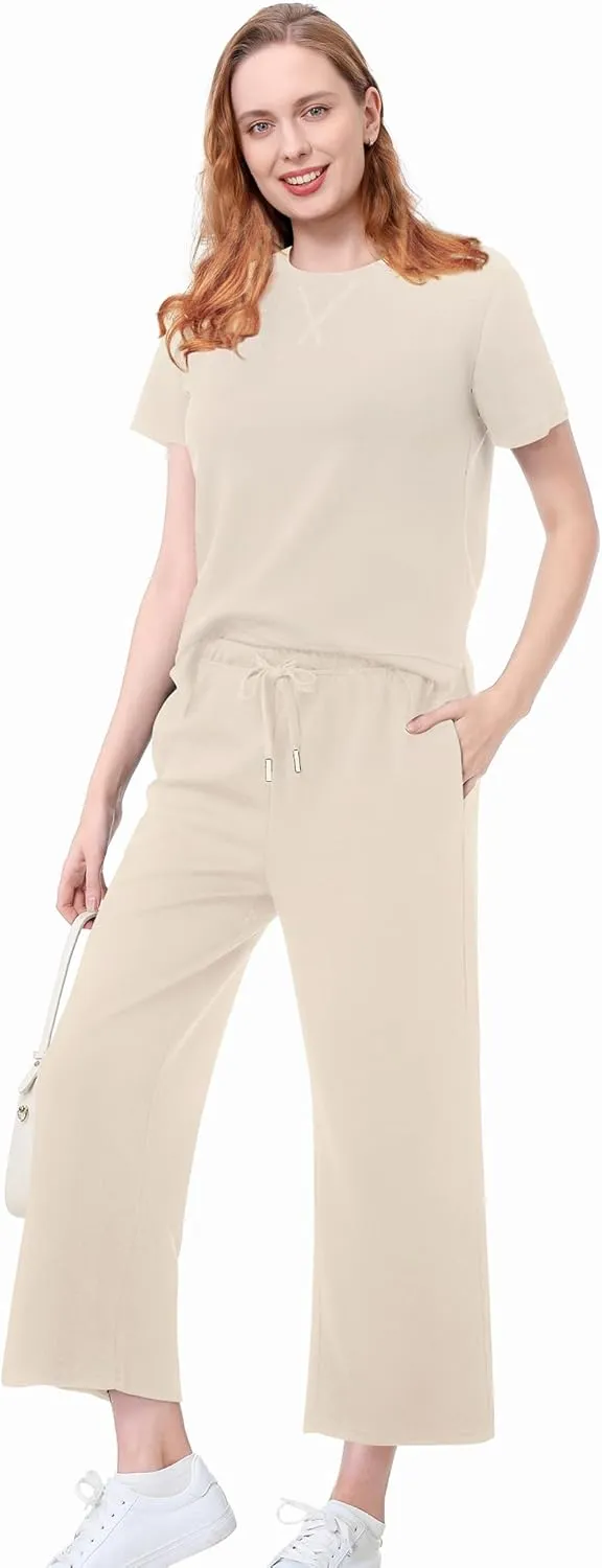 EYZH Womens 2 Piece Lounge Set - Summer Comfy Travel Outfits, Short Sleeve Wide Leg Vacation Sets Loungewear