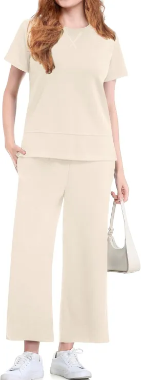 EYZH Womens 2 Piece Lounge Set - Summer Comfy Travel Outfits, Short Sleeve Wide Leg Vacation Sets Loungewear