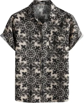 Men's Cotton Linen Vintage Pattern Printed Old Style Shirt Casual Short Sleeve Button Down Retro Shirts