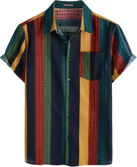 Men's Cotton Linen Vintage Pattern Printed Old Style Shirt Casual Short Sleeve Button Down Retro Shirts