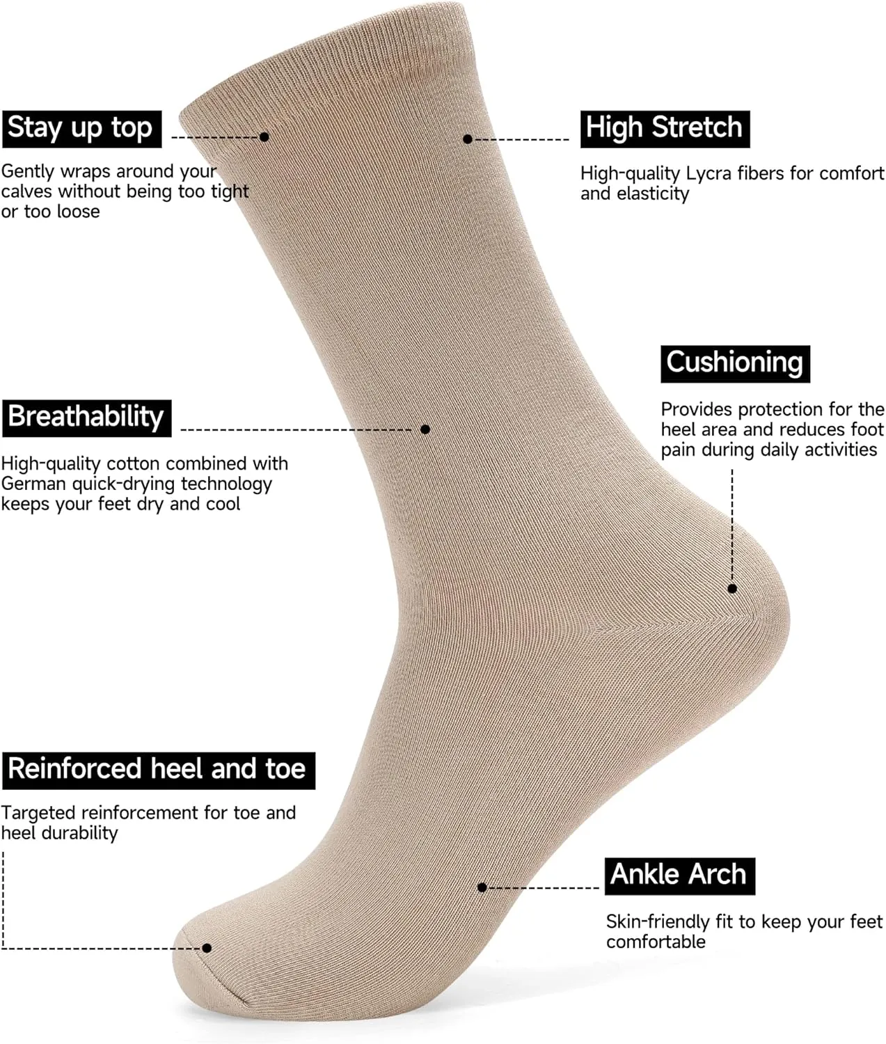 Men's Dress Socks Combed Cotton Anti Odor Quick Dry Moisture Wikcing Size 8-13 Crew Socks