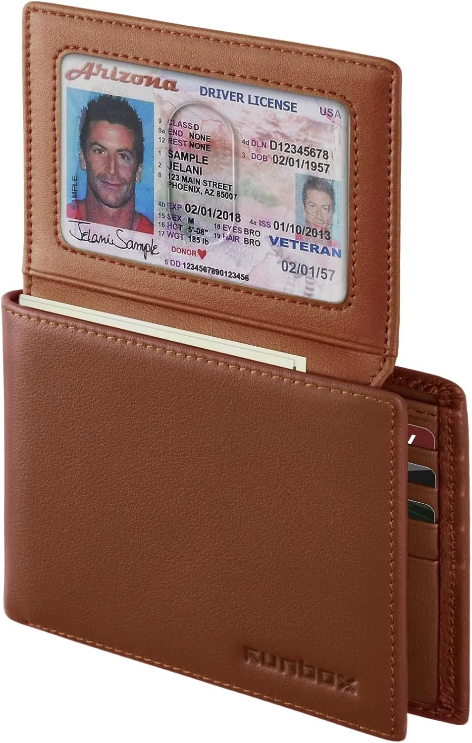 RUNBOX Genuine Leather Wallet for Men, Mens Wallet Bifold Rfid Blocking with 2 ID Windows, Card Holder Wallet with Gift Box