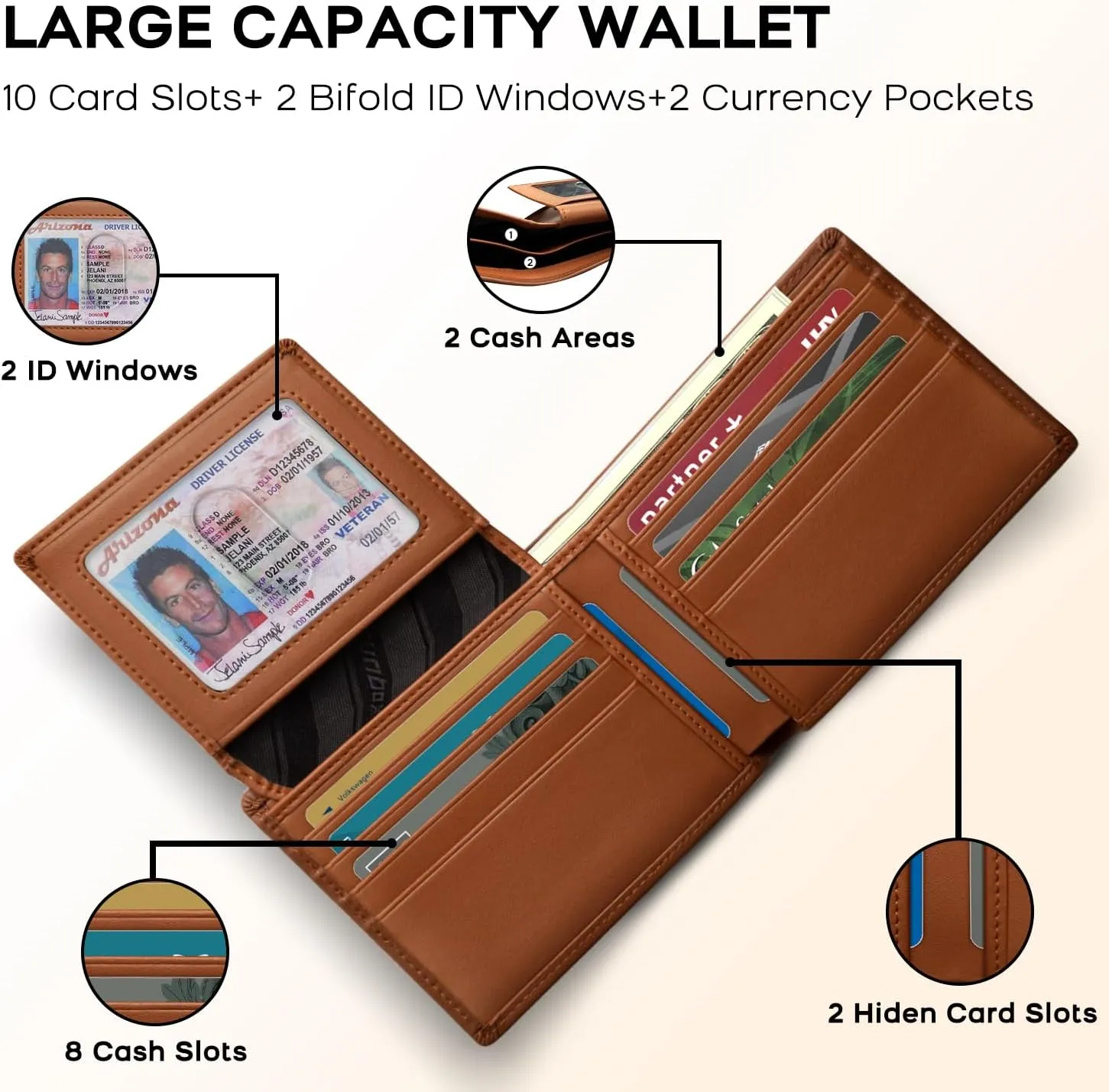 RUNBOX Genuine Leather Wallet for Men, Mens Wallet Bifold Rfid Blocking with 2 ID Windows, Card Holder Wallet with Gift Box