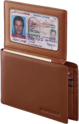 RUNBOX Genuine Leather Wallet for Men, Mens Wallet Bifold Rfid Blocking with 2 ID Windows, Card Holder Wallet with Gift Box
