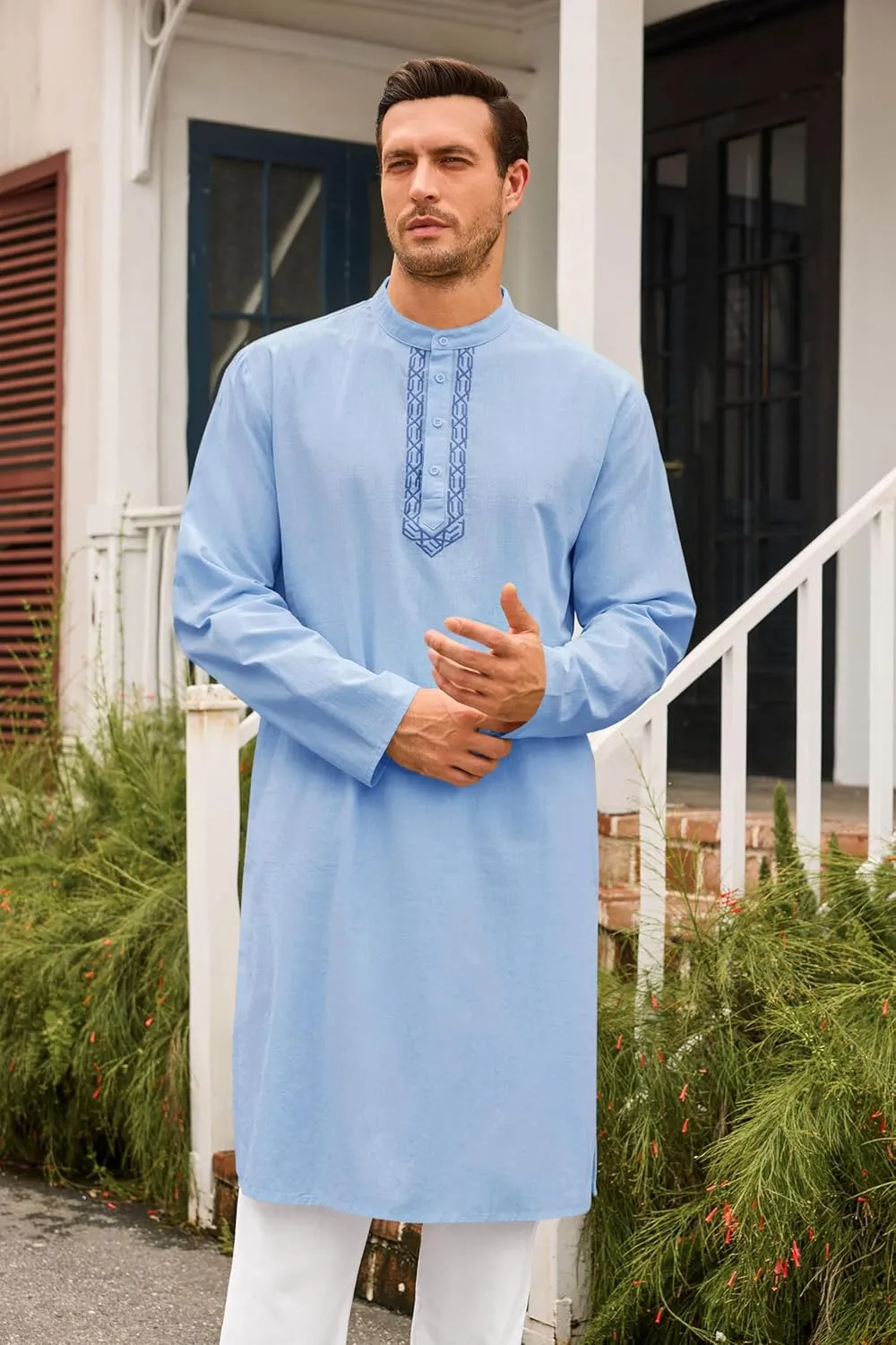 Runcati Mens Kaftan Thobe Button Down Casual Henley Shirts Long Sleeve Robe Cotton Linen Muslim Gown Shirt
