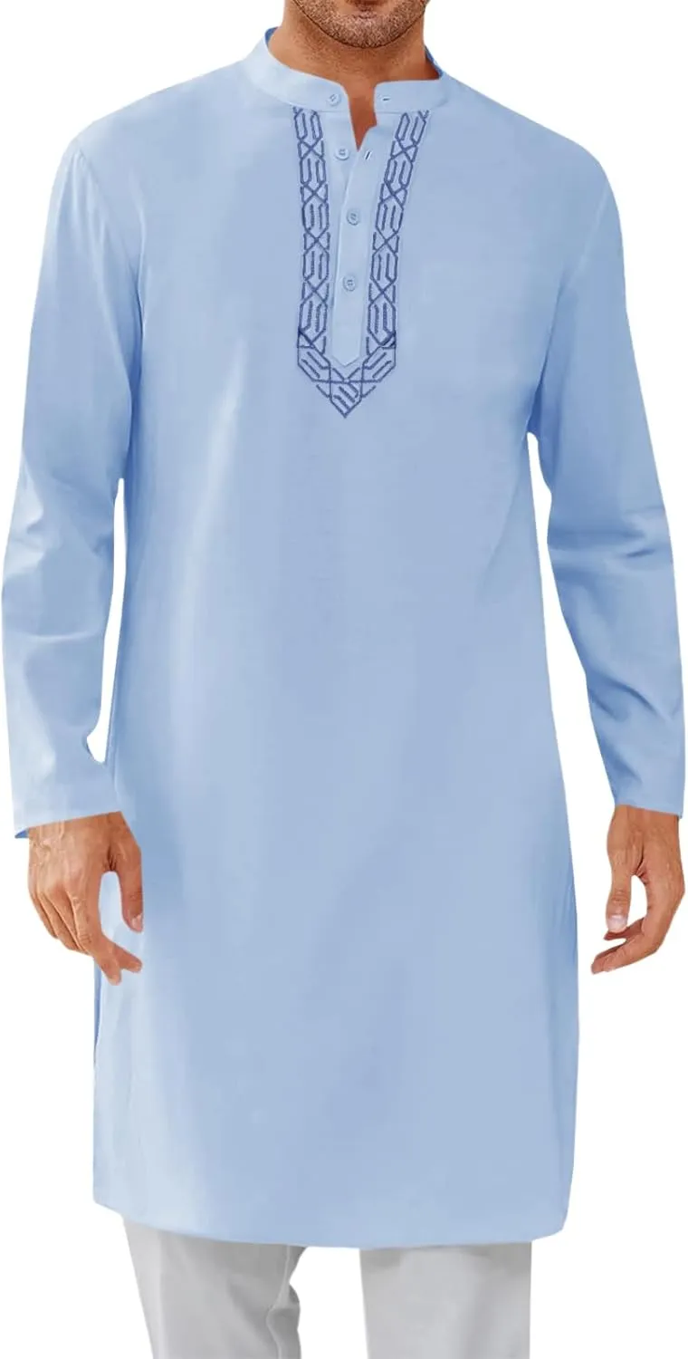 Runcati Mens Kaftan Thobe Button Down Casual Henley Shirts Long Sleeve Robe Cotton Linen Muslim Gown Shirt