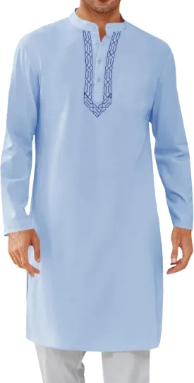 Runcati Mens Kaftan Thobe Button Down Casual Henley Shirts Long Sleeve Robe Cotton Linen Muslim Gown Shirt