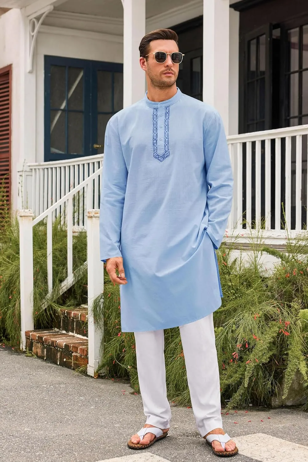 Runcati Mens Kaftan Thobe Button Down Casual Henley Shirts Long Sleeve Robe Cotton Linen Muslim Gown Shirt